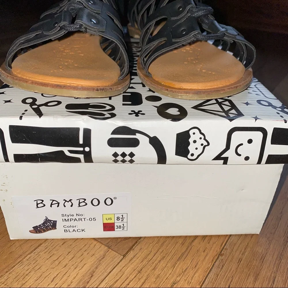 W 8.5 8 1/2 Black Bamboo lace up Sandals shoes flats dress open toe Beach Summer - Picture 7 of 7